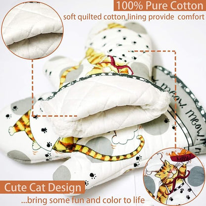 Oven Mitts and Pot Holders Sets, Funny Kitchen Oven Mitts Heat Resistant of 500 Degrees, Pure Cotton Hot Pads and Oven Mitts Sets for Baking,Cooking,BBQ Grilling-White Cat(4Pcs Set)