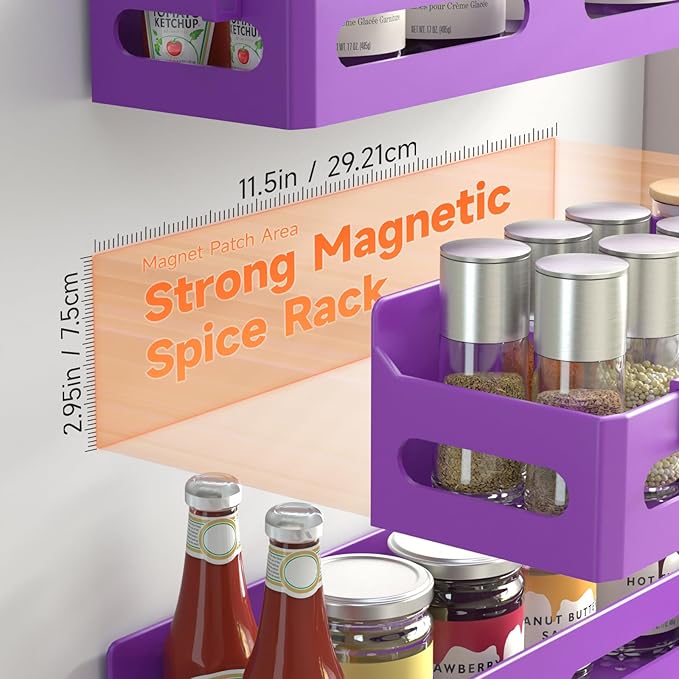 Sevenblue 4 Pack Strong Magnetic Spice Rack for Refrigerator, Multipurpose Magnetic Shelf for Fridge with 4 Hooks for kitchen and Bathroom Organization, Purple - Image 2