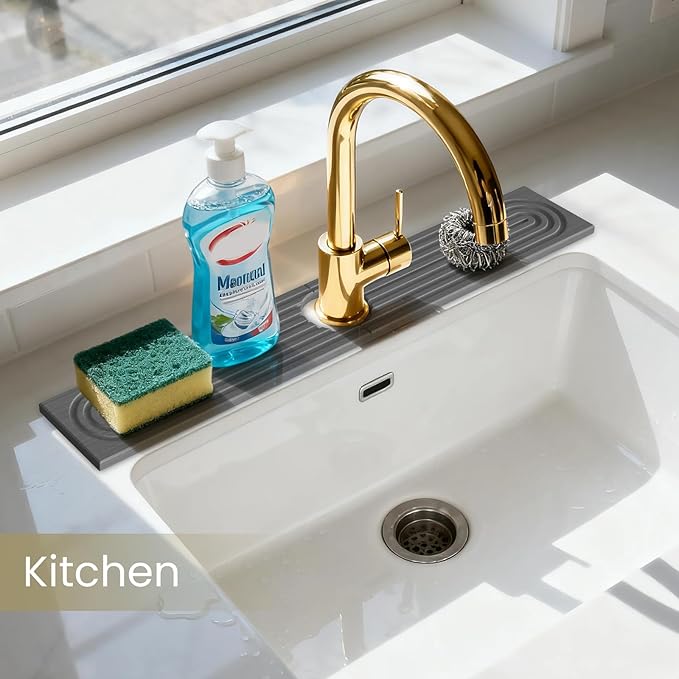 Faucet Mat for Kitchen Sink -Diatomite Stone Drying Mat for Kitchen Counter & Bathroom Sink,Quick-Dry Kitchen Sink Mat-Sink Protector & Splash Guard,Super Absorbent (Gray, 23.6"x4") - Image 2