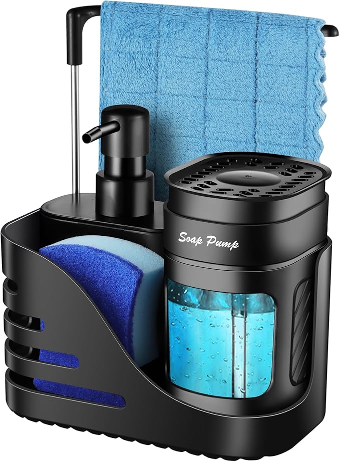 Kitchen Soap Dispenser Set, 4-in-1 Dual Hand and Dish Soap Dispenser with Sponge Holder and Dishcloth Holder for Kitchen Sink (Black) by Eavida