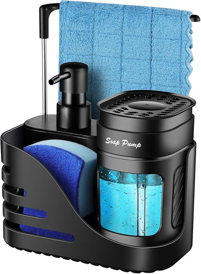 Kitchen Soap Dispenser Set, 4-in-1 Dual Hand and Dish Soap Dispenser with Sponge Holder and Dishcloth Holder for Kitchen Sink (Black) by Eavida