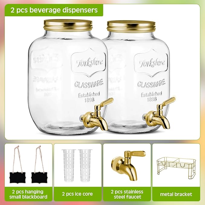FillTouch 2 Pcs Glass Drink Dispenser for Parties Glass Water Beverage Dispenser with Stand Ice Cylinder 18/8 Stainless Steel Leakproof Spigot Hanging Chalkboard Signs Pen(2 Gallon)