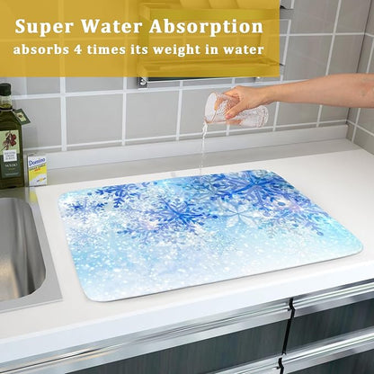 Giwawa 18"x24" Winter Blue Snowflakes Dish Drying Mat Christmas Snow Falling Nature Ice Dish Drainer Mats for Kitchen Microfiber Reversible Dish Drying Rack Pad for Countertop Tabletop Decor