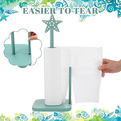 Leinuosen Beach Starfish Paper Towel Holder Rustic Beach Coastal Wooden Paper Towel Holder Turquoise Blue Nautical Ocean Bathroom Accessories Kitchen Roll Stand Organizer Apartment Housewarming Gift