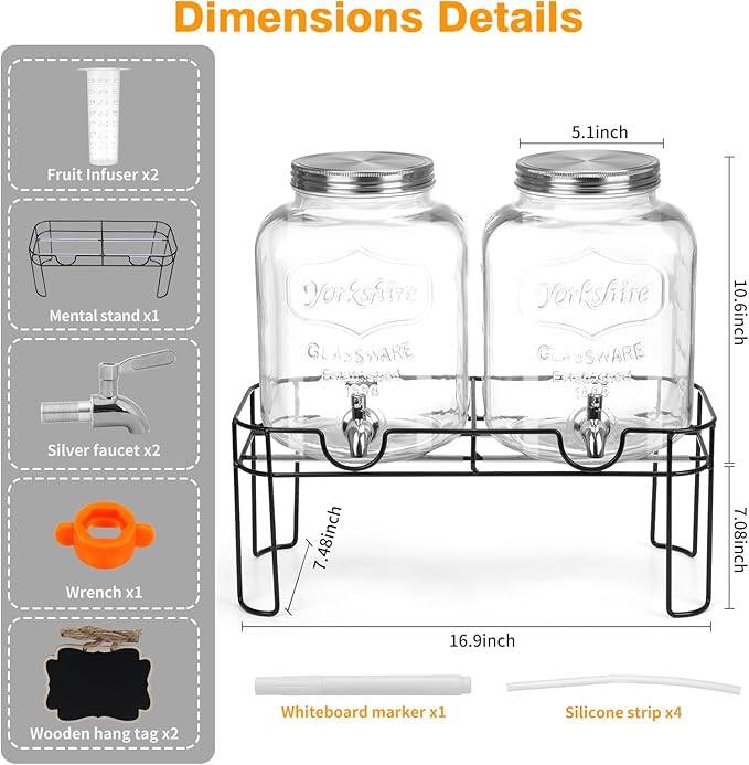 1.6 Gallon Glass Drink dispenser, 2 PCS Beverage Dispenser With Stand, Lemonade Dispenser with Stainless Steel Spigot,Drink Dispensers for Parties,Weddings, Picnic - Image 2
