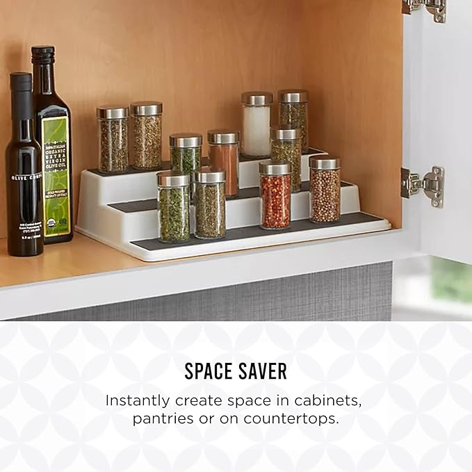 Copco Non-Skid 3-Tier Spice Rack Organizer for Cabinet - 10 Inch Kitchen Pantry Organizer with Raised Rims, White and Gray Step Shelf for Spices, Cans, Jars - Easy Clean Storage Solution - Image 6
