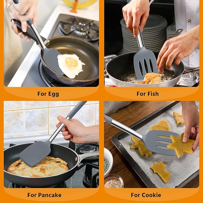 Silicone Spatula Set of 2, E-far Solid & Slotted Turner for Nonstick Cookware, Heat Resistant Rubber Kitchen Cooking Utensils for Flipping Fish Pancake Egg - Grey - Image 6