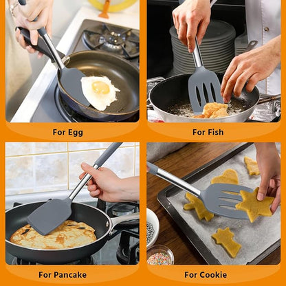 Silicone Spatula Set of 2, E-far Solid & Slotted Turner for Nonstick Cookware, Heat Resistant Rubber Kitchen Cooking Utensils for Flipping Fish Pancake Egg - Grey - Image 6