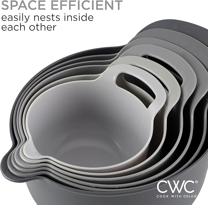COOK WITH COLOR Nesting Plastic Mixing Bowl Set with Pour Spouts and Handles, Gray, 6 Piece Non-Slip - Image 6