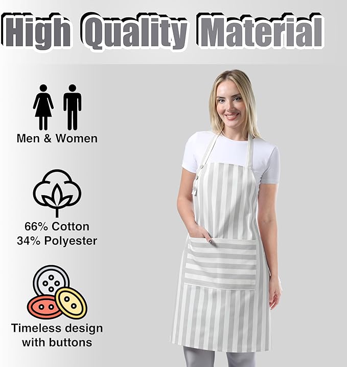 TOSHEX Kitchen Apron Waterdrop Resistant Cotton Apron with adjustable Aprons for Women with Pockets Cooking Apron Chef Apron for Men (1, Gray)