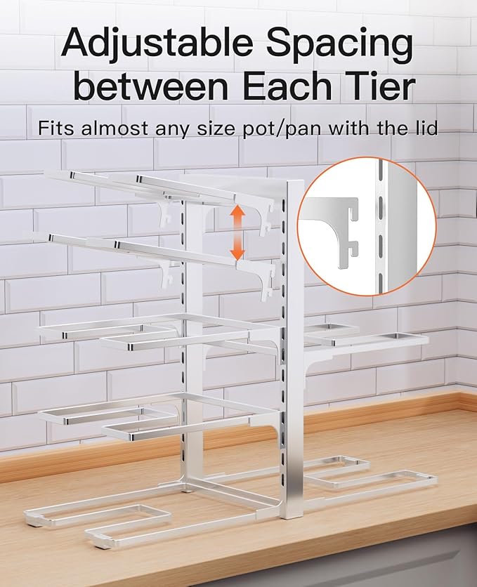 ORDORA Pots and Pans Organizer Rack for Cabinet, 15.83" Height 8-Tier Heavy Duty 120LBS Pot Pan Organizer under Cabinet Adjustable for Cast-iron Pan, Heavy Skillets Griddles, Shallow Pot, Silver - Image 7