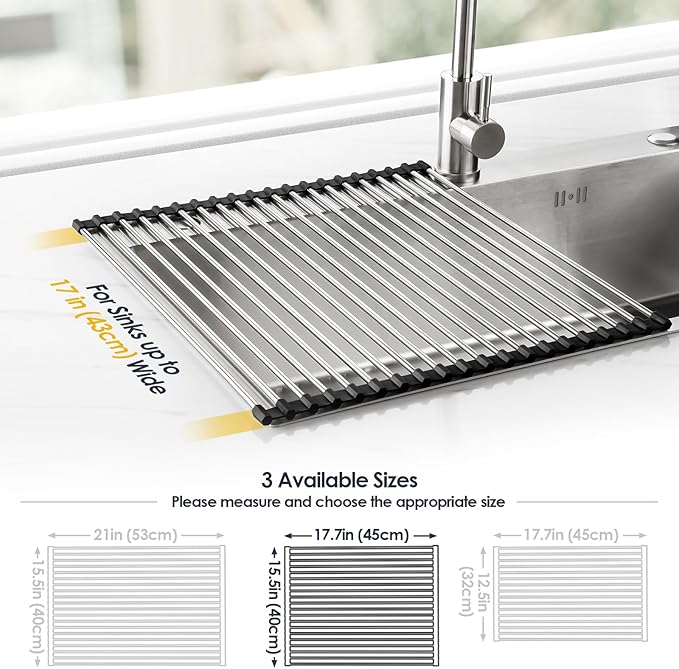 Tomorotec 17.7" x 15.5" Roll Up Dish Drying Rack Over Sink Drying Rack Sink Cover Kitchen Sink Accessories Gadget Multipurpose Organizer Foldable Stainless Steel Drainer - Image 4