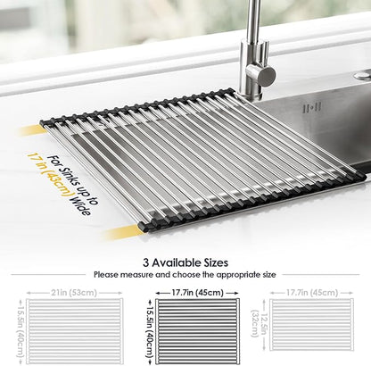 Tomorotec 17.7" x 15.5" Roll Up Dish Drying Rack Over Sink Drying Rack Sink Cover Kitchen Sink Accessories Gadget Multipurpose Organizer Foldable Stainless Steel Drainer - Image 4
