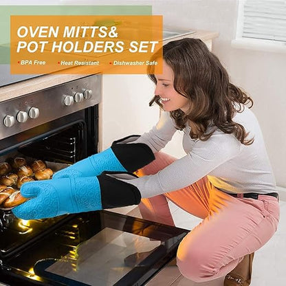 Silicone Oven Mitts and Pot Holders Set, MTZRFLL Extra Long Heat Resistant Oven Gloves with Hot Pads and Mini Oven Mittens for Grilling, Kitchen Cooking Baking, Soft Quilted Lining, Pack of 6 (Blue) - Image 4