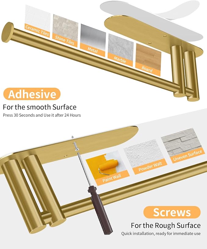 Paper Towel Holder Under Cabinet, 13Inch Self-Adhesive or Wall Paper Towel Holder for Kitchen, Bathroom, RV, Gold - Image 7