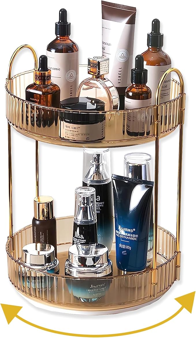Asayuee 360 Rotating Gold Makeup Organizer,2 Tier Large Capacity Rotating Makeup Organizer,SkincarePerfume Organizer,Bathroom Cosmetics Storage Organizer Countertop (Gold-2 Tier) by Asayuee
