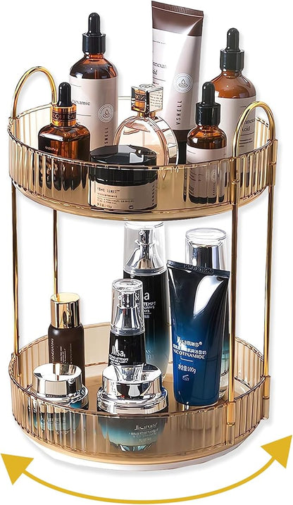 Asayuee 360 Rotating Gold Makeup Organizer,2 Tier Large Capacity Rotating Makeup Organizer,SkincarePerfume Organizer,Bathroom Cosmetics Storage Organizer Countertop (Gold-2 Tier) by Asayuee