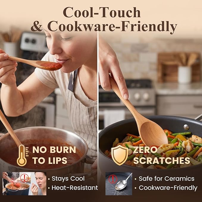 HAKSEN 6PCS Wooden Spoon Set, Oval Wooden Mixing Spoons Long Handle Spoons Nonstick Japanese Style Kitchen Utensils for Home Kitchen Cooking Stirring - Image 4