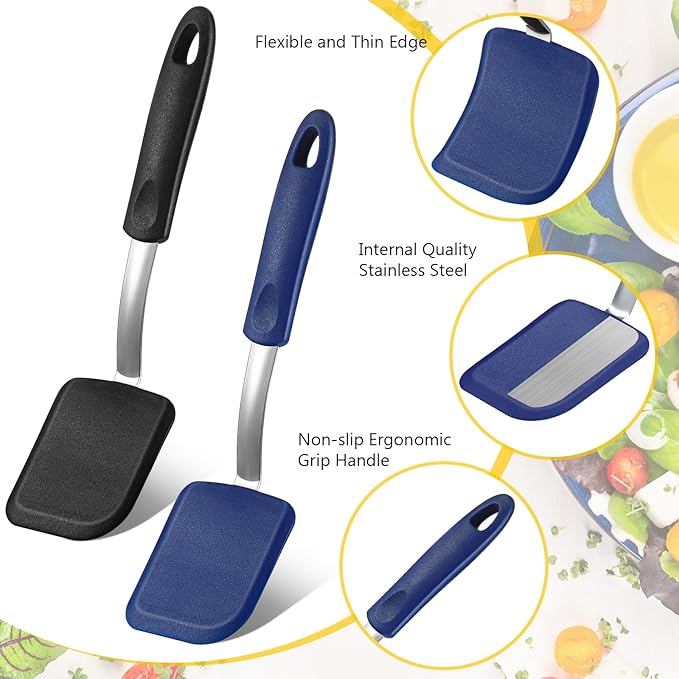 Silicone Cookie Spatula Turner 2 Pack Mini Brownie Spatula Flexible Kitchen Small Silicone Turner for Nonstick Cookware Heat Resistant No Scratch Flipper for Egg Pancake(Black,Blue) - Image 3