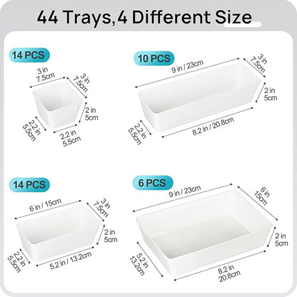 Vtopmart 44 PCS Plastic Drawer Organizers Set, 4-Size Versatile Bathroom and Vanity Organizer Trays, Non-Slip Storage Containers for Makeup, Jewelries, Bedroom，Kitchen Utensils and Office, White - Image 2