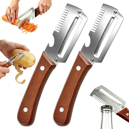Multifunctional Vegetable Peeler for Kitchen, 3-in-1 Stainless Steel Potato Carrot Peeler with Bottle Opener, Zero Snag Wooden Peeler for Fruits & Veggies (2 PCS)