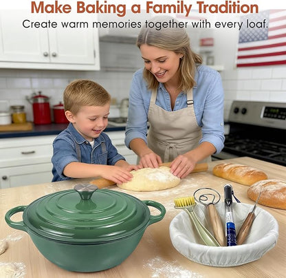 5QT Enameled Cast Iron Dutch Oven for Bread & Multi-Cooking – Complete Sourdough Starter Kit with Lid ,Probe Thermometer, Proofing Basket, Silicone Sling & Gift Packaging Bags,Oven Safe up to 500°F(Green)
