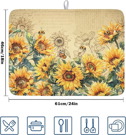 Sunflower Dish Drying Mat for Kitchen Counter Vintage Yellow Sunflowers Microfiber Dish Drainer Mat Spring Summer Watercolor Floral Absorbent Washable Drying Pad Extra Large 18"x24"