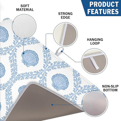 Summer Sea Shell Drying Mat 24x18 Inch, Light Blue Drying Mat with Absorbent Reversible Microfiber, Coastal Dish Drainer Mats Holiday Ocean Rack Pad for Coffee Countertop Kitchen Protector