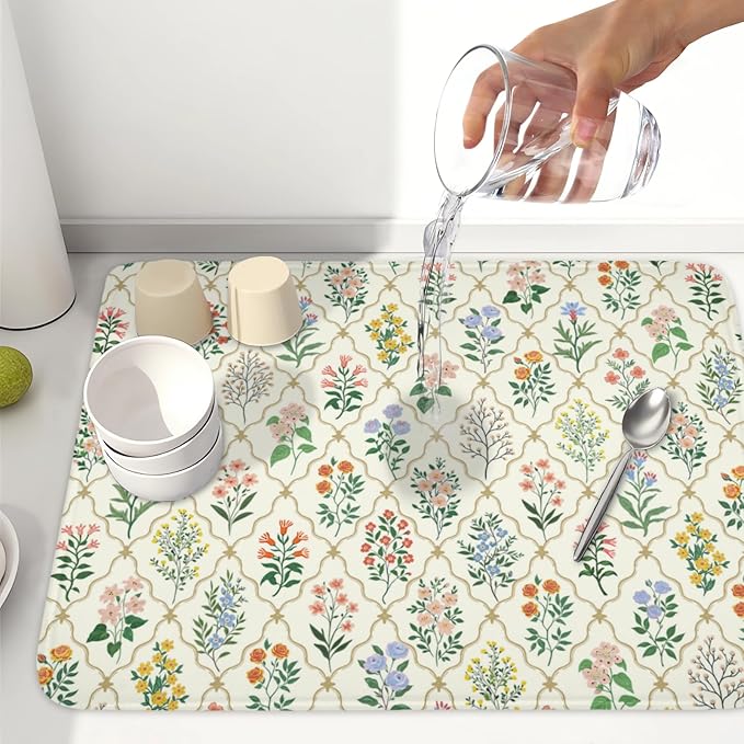 Floral Dish Drying Mat for Kitchen Counter Spring Summer Wild Flowers Diamond Pattern Microfiber Dish Drainer Mat Rustic Absorbent Washable Drying Pad Extra Large 18"x24"