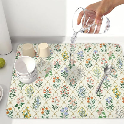 Floral Dish Drying Mat for Kitchen Counter Spring Summer Wild Flowers Diamond Pattern Microfiber Dish Drainer Mat Rustic Absorbent Washable Drying Pad Extra Large 18"x24"
