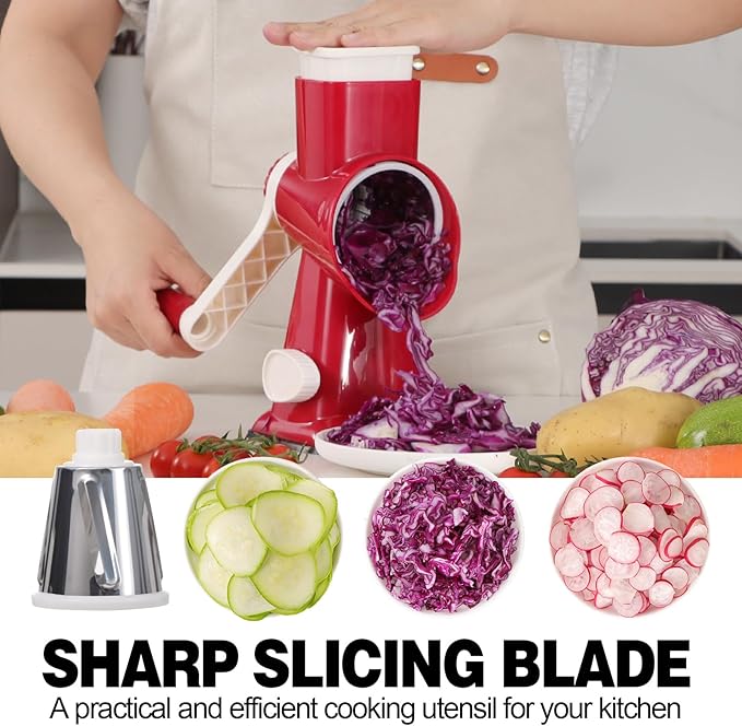 Cheese Grater Cheese Shredder with 3 Interchangeable Blades, Rotary Cheese Grater Manual Vegetable Slicer with Non-slip Suction Base Peanut Nuts Grinder Vegetable Shredder Red - Image 3