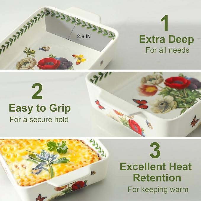 Ceramic Papaver rhoeas Baking Casserole Dish with Handles, Large 2 pieces 8x13 inch & 6x10 inch Lasagna Baking Dish and Middle Flower Andplant Baking Pan,Porcelain Serving Bakeware Set - Image 5
