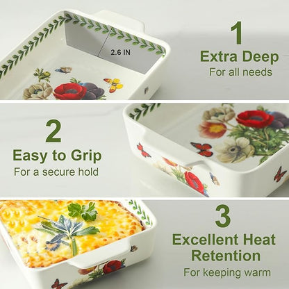 Ceramic Papaver rhoeas Baking Casserole Dish with Handles, Large 2 pieces 8x13 inch & 6x10 inch Lasagna Baking Dish and Middle Flower Andplant Baking Pan,Porcelain Serving Bakeware Set - Image 5