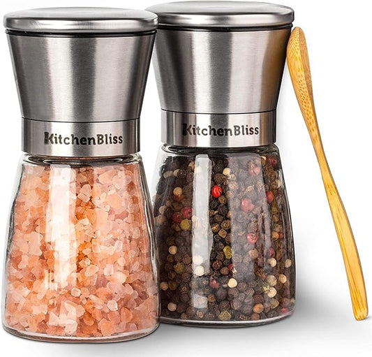 Professional Salt and Pepper Grinder Set – Premium Stainless Steel Salt and Pepper Shakers with Ceramic Spice Grinder Mill for Adjustable Coarseness - Added Bonus a Bamboo spoon and a Cleaning Brush.