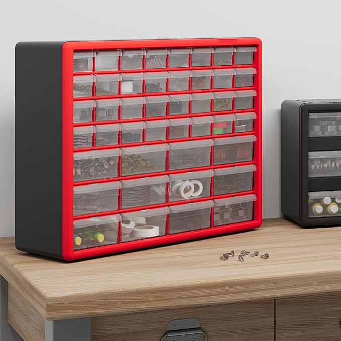 Akro-Mils 44-Drawer Plastic Drawer Storage Cabinet for Garage Organization, Bead Organizer, Building Bricks Storage, Teacher Toolbox, Makeup Organizer, 20" W x 6" D x 16" H, 10144 Red - Image 10