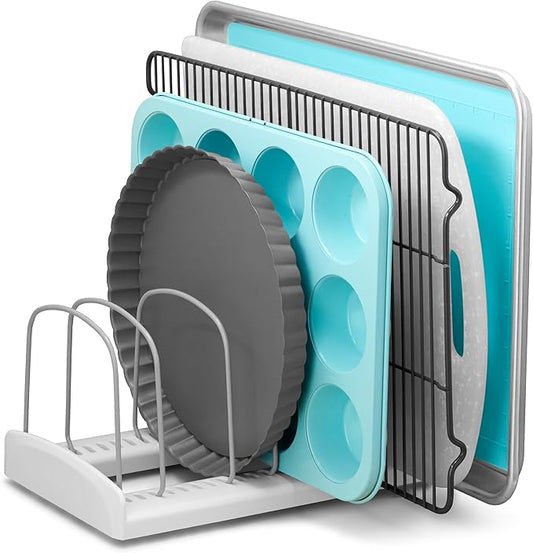 YouCopia StoreMore Bakeware Rack with Tall Steel Wires, Adjustable Pan and Lid Organizer, Classic Edition – White, Alloy Steel & Plastic, 11.5”W x 7.3”D x 6.4”H, Customizable Shelf by YouCopia
