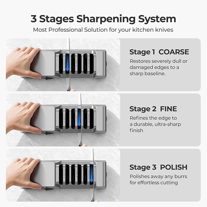 Narcissus Knife Sharpener, 3 Stages Diamond Electric Knife Sharpener for Stainless Steel and Ceramic Kitchen Knives, 40 Seconds Quick Repairing & Polishing, Open Design Port for Scissors Sharpening - Image 5