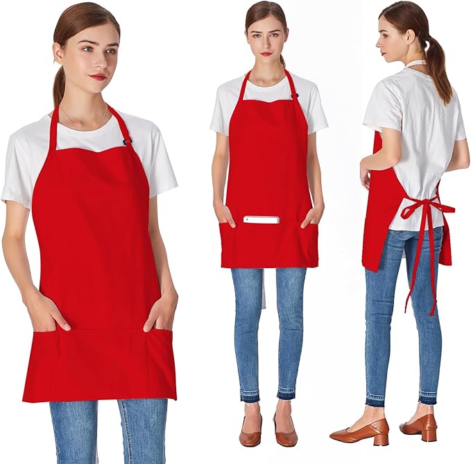 Jubatus 2 Pack 3 Pockets 100% Cotton Adjustable Bib Apron Chef Kitchen Cooking Aprons for Women Men, Red - Image 3