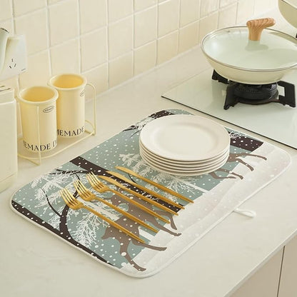 Winter Dish Drying Mat 18 x 24 inch Winter Landscape Snow Tree Deer Decorative Drying Mats Microfiber Absorbent Holiday Dish Washable Draining Mat for Kitchen Counter Decor