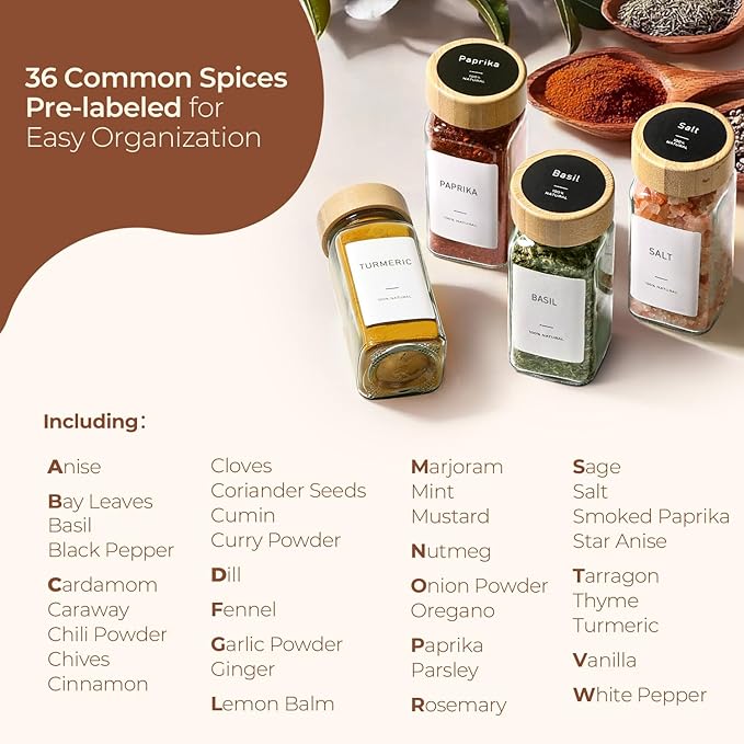 ComSaf Spice Jars with Label 4 oz 24Pcs, Glass Spice Jars with 6 Extra Shaker Inserts and 93 Labels, Seasoning Set with Bamboo Lids and Metal Funnel, Square Containers for Organization, Salt, Pepper - Image 2