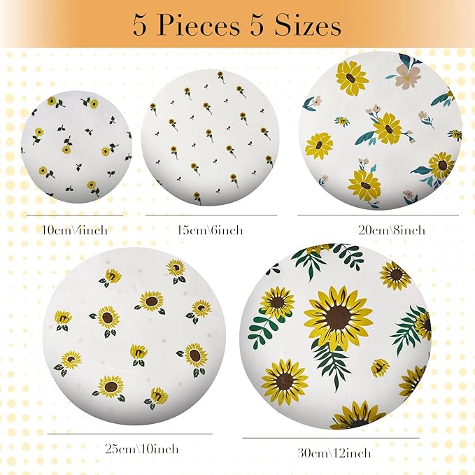 Tirphy 5-Size Reusable Bowl Covers for Bread Proofing - Beeswax Bowl Covers Reusable 4/6/8/10/12 Inch - Elastic Cotton Cloth Sourdough Cover - Shower Caps for Sourdough Bread (Flower style)