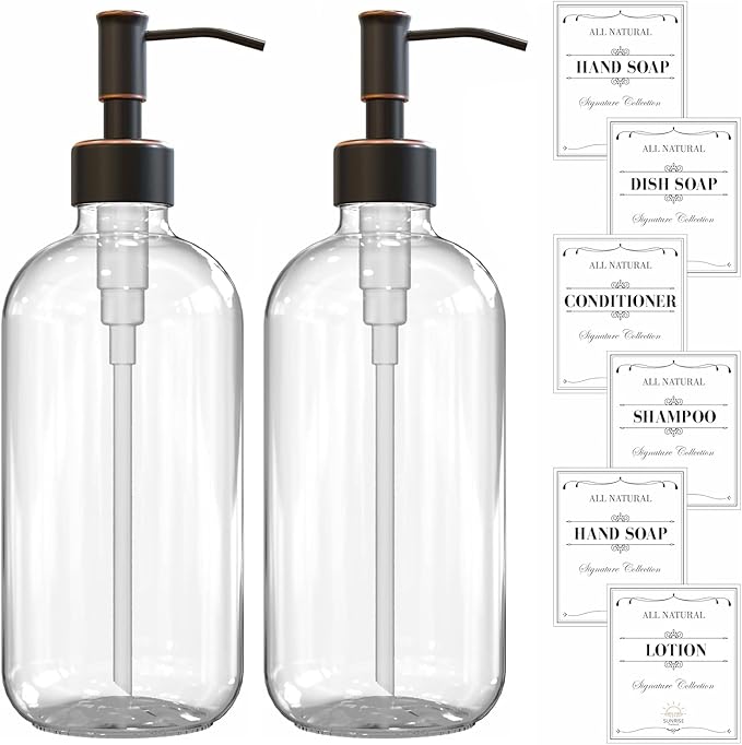 Sunrise Premium 2 Pack Clear Glass Soap Dispenser 16 OZ with Oil Rubbed Bronze Stainless Steel Pump, Hand and Dish Soap Dispenser Set for Bathroom and Kitchen Sink with 6 Waterproof Labels - Image 7