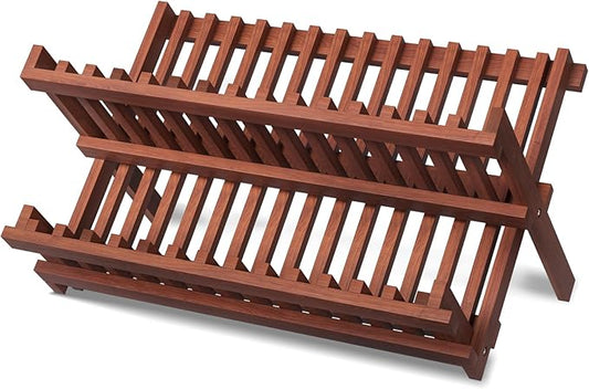 VERTORGAN Teak Dish Drying Rack,Folding Collapsible Drainer Plate Organizer Holder for Kitchen,Foldable Spice Rack for Countertop and Cabinet,Pantry Organization and Storage
