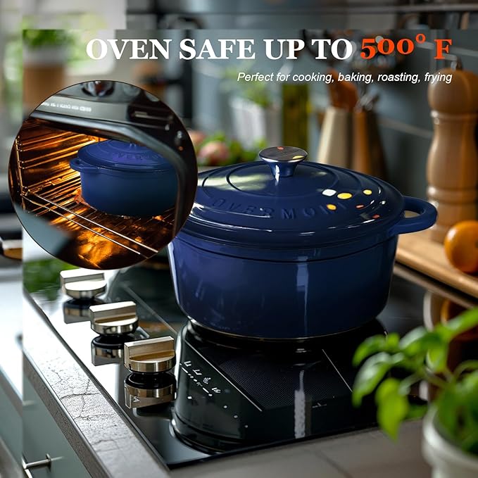 Overmont Enameled Cast Iron Dutch Oven - 5.5QT Pot with Lid Cookbook & Cotton Potholders - Heavy-Duty Cookware for Braising, Stews, Roasting, Sourdough Baking Indigo Blue - Image 3