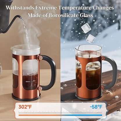 Veken French Press Coffee Maker 34oz 1 L, No Plastic Touching Cafe, Heat Resistant Thickened Borosilicate Glass, Stainless Steel Brewer, Cold Brew Cafetera Teapot for Kitchen Travel Camping, Copper - Image 5