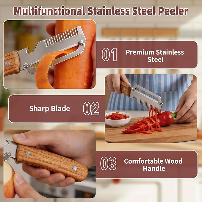 Multifunctional Vegetable Peeler, 3 in 1 Potato Peeler with Wooden Handle, Green Onion Slicer with Bottle Opener Kitchen Tool for Peeling Veggie Fruit Pineapple Pumpkin Papaya Carrrot(2 Pack) - Image 3