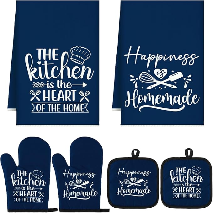 Sratte 6 Pcs Kitchen Decor Accessories Set Farmhouse Towels Pot Holders Oven Mitts Set 2 Dish Towels 2 Potholders 2 Cooking Mittens Oven Glove for Christmas Baking Cooking Supply(Blue,Kitchen) by Sratte