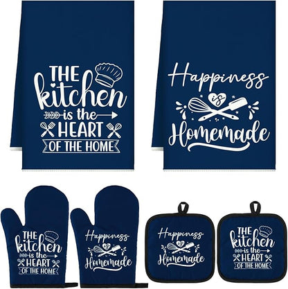 Sratte 6 Pcs Kitchen Decor Accessories Set Farmhouse Towels Pot Holders Oven Mitts Set 2 Dish Towels 2 Potholders 2 Cooking Mittens Oven Glove for Christmas Baking Cooking Supply(Blue,Kitchen) by Sratte
