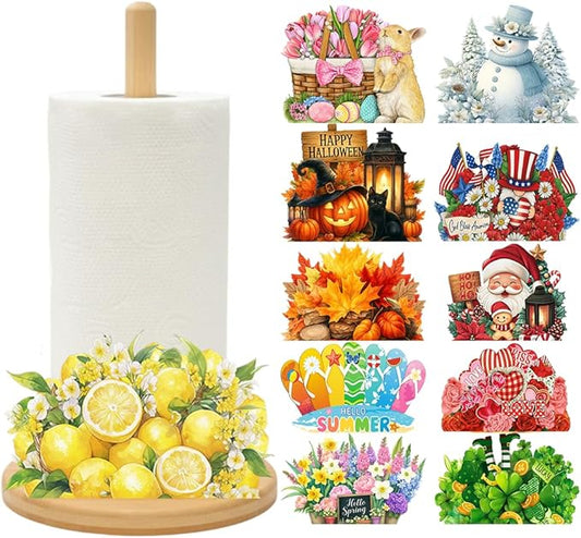 Bamboo Paper Towel Holder with 11 Set Interchangeable Holiday Signs, Rustic Kitchen Decor | Seasonal Countertop Stand for Christmas,Spring,Summer,Fall,Winter,Valentine's Day,Easter,Halloween, by Unknown