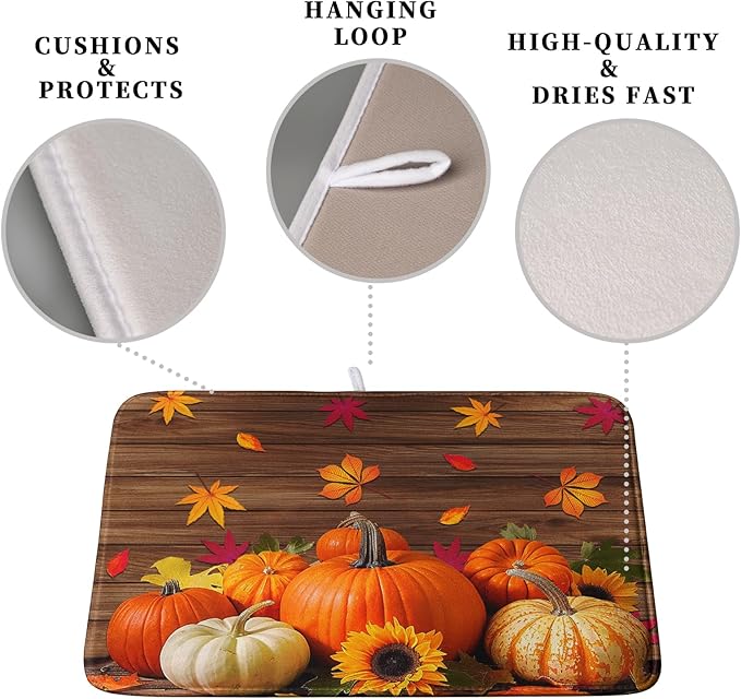 AutumnThanksgiving Pumpkin Dish Drying Mat for Kitchen Counter 16x18 Inch Fall Sunflowers Maple Leaves Harvest Kitchen Drying Mat Microfiber Super Absorbent Dish Rack Drainer Mat with Hanging Loop - Image 3
